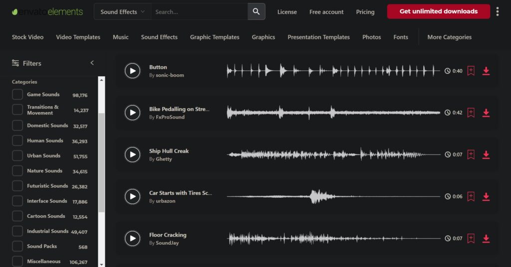 Envato Elements là trang web có những bộ sound effect miễn phí cực kỳ dễ dùng và đa dạng.